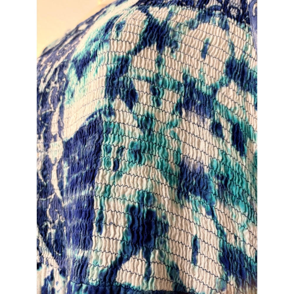 La Cera Blue Patchwork Batik Smocked Tiered Midi Dress Sleeveless Rayon Boho - Picture 3 of 14